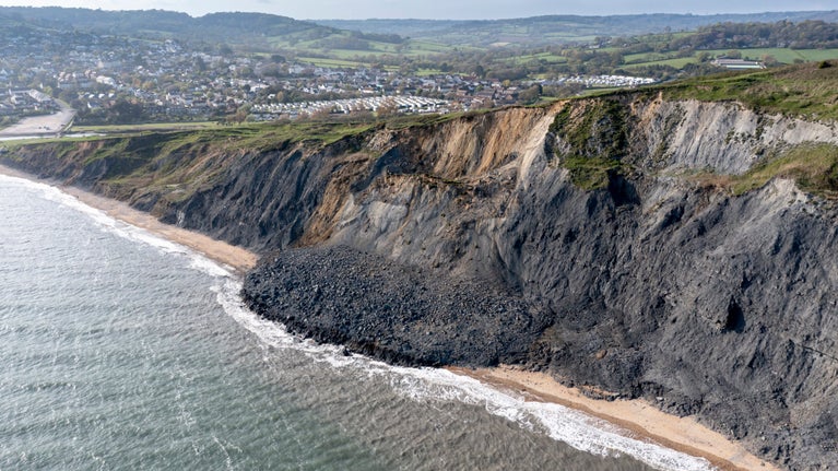 Aerial view of the large cliff fall on Stonebarrow Beach, Dorset